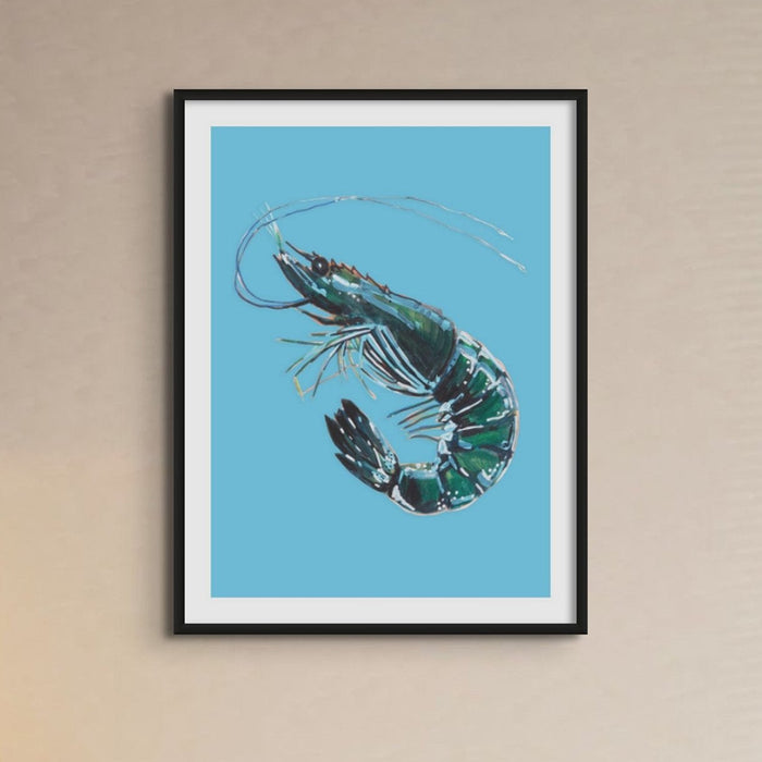 Prawn Art Print | Shellfish Kitchen Wall Art | Prawn Painting on Blue Background - Unframed