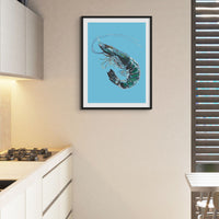 Prawn Art Print | Shellfish Kitchen Wall Art | Azure Blue - Unframed