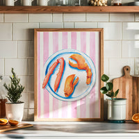 Lobster Painting on Red Pink Stripe | Kitchen Wall Art - Unframed