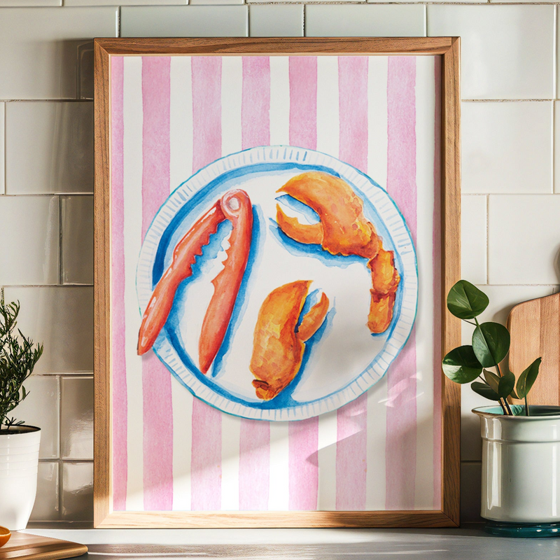 Lobster Painting on Red Pink Stripe | Kitchen Wall Art - Unframed