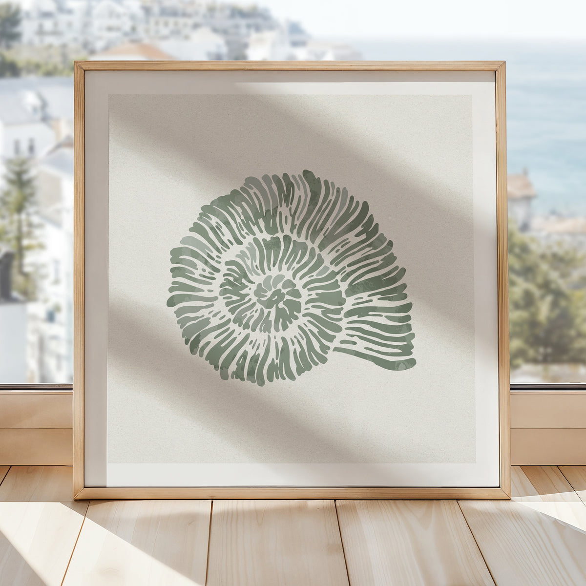 Set of Three Sage Green Coral and Shell Art Prints  - Framed