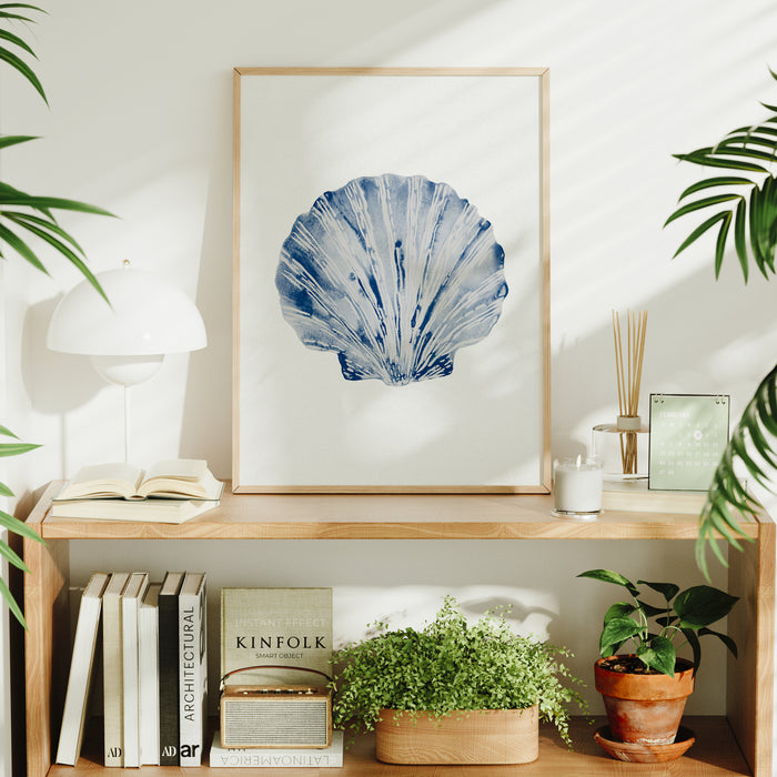 Watercolour Shell Art | Navy Blue Art | Scallop Shell Print - Unframed
