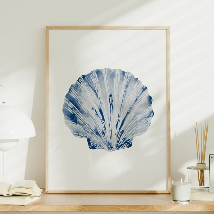 Watercolour Shell Art | Blue Art Scallop Shell Print - Framed