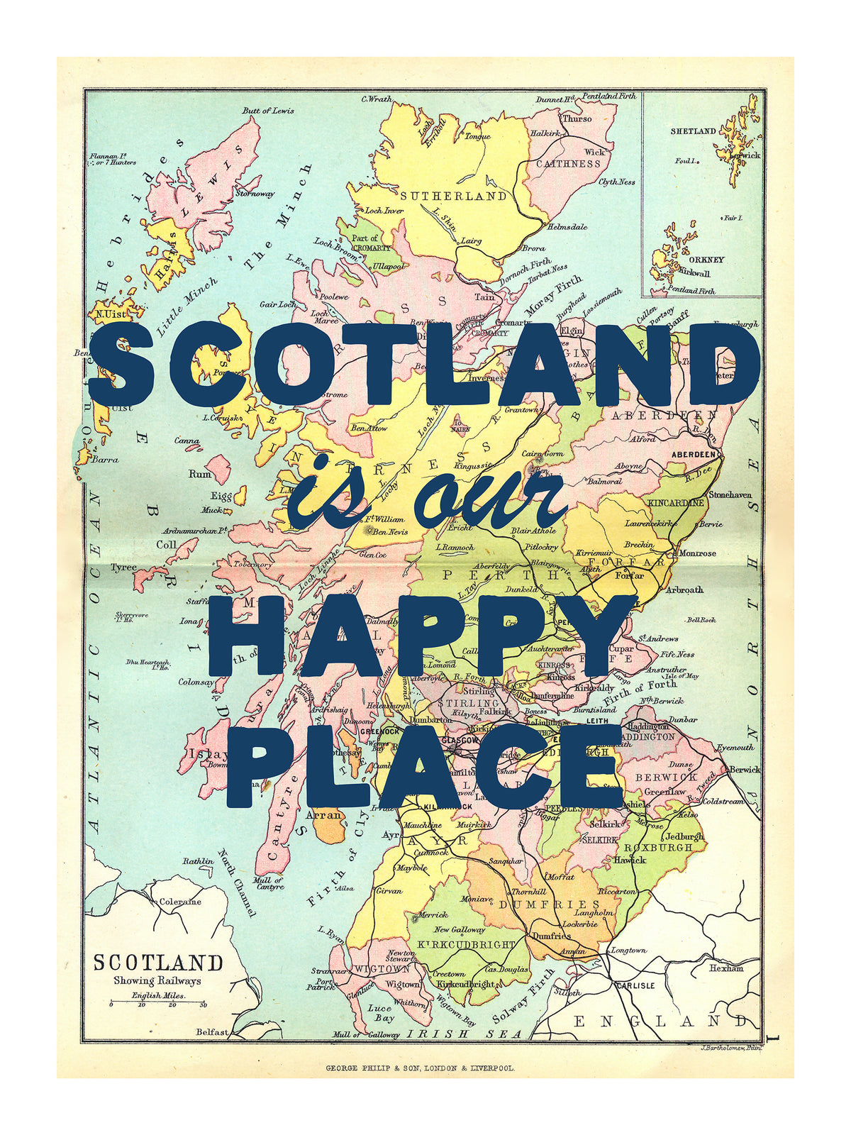 Happy Place Map Print With Blue Font - Personalised