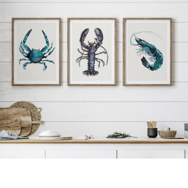 Set of Shellfish Art Prints - Unframed Beach House Art set of blue abstract line art prints