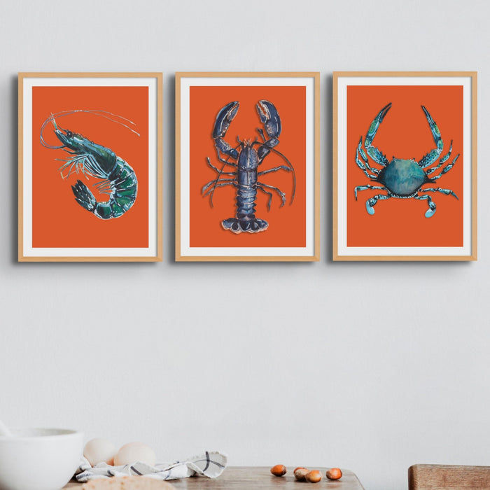 Set of Three Shellfish Prints on Red Background | Set of Kitchen Prints - Framed