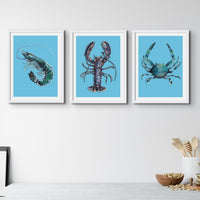 Prawn Art Print | Shellfish Kitchen Wall Art | Prawn Painting on Blue Background - Framed