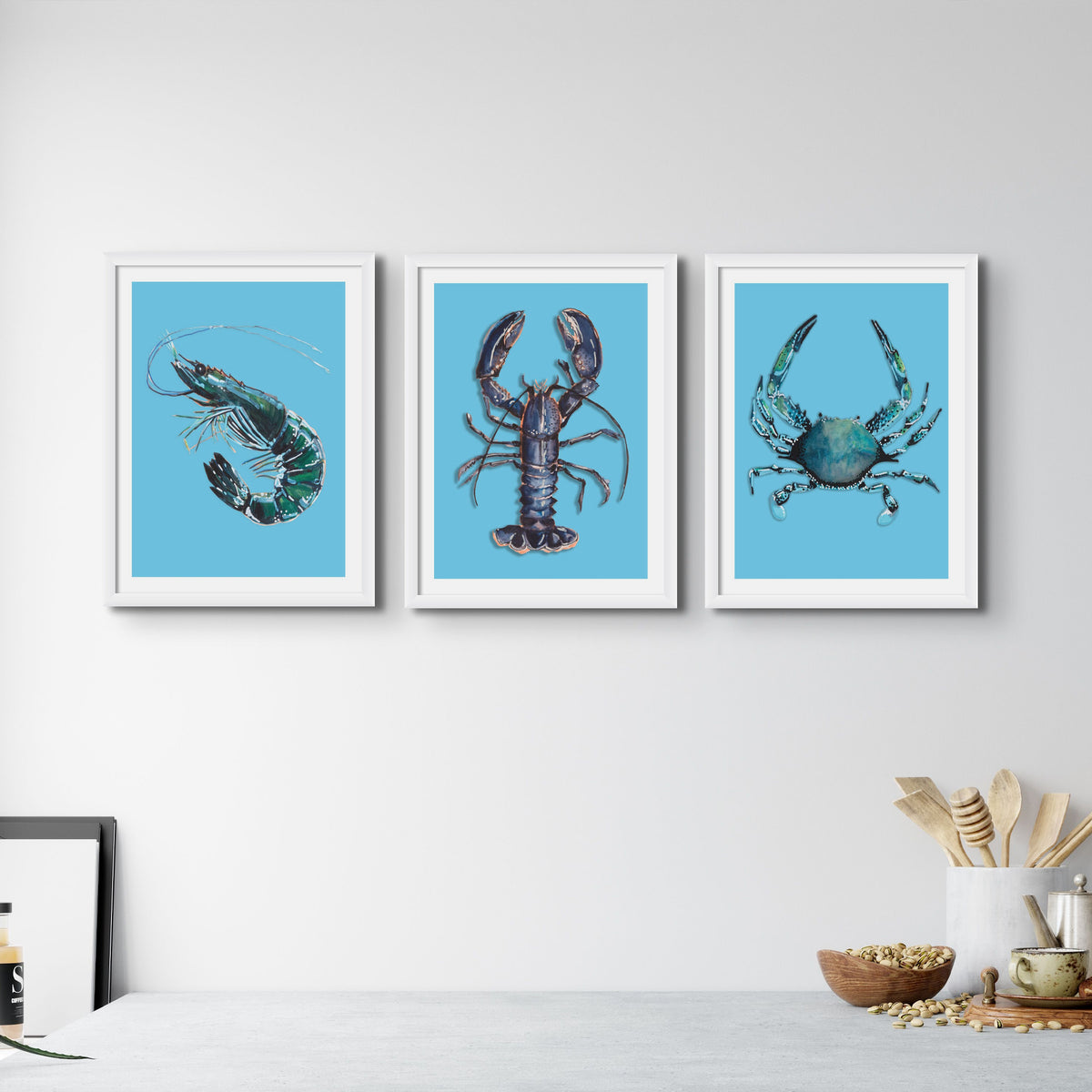 Crab Art Print | Colourful Kitchen Wall Art | Crab Painting on Blue - Unframed