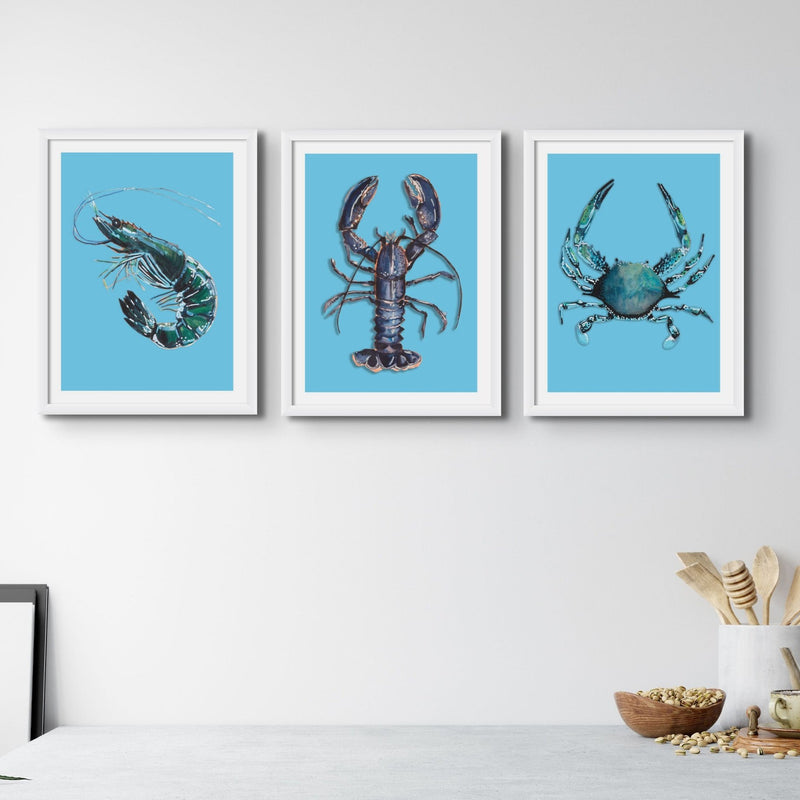 Prawn Art Print | Shellfish Kitchen Wall Art | Prawn Painting on Blue Background - Unframed