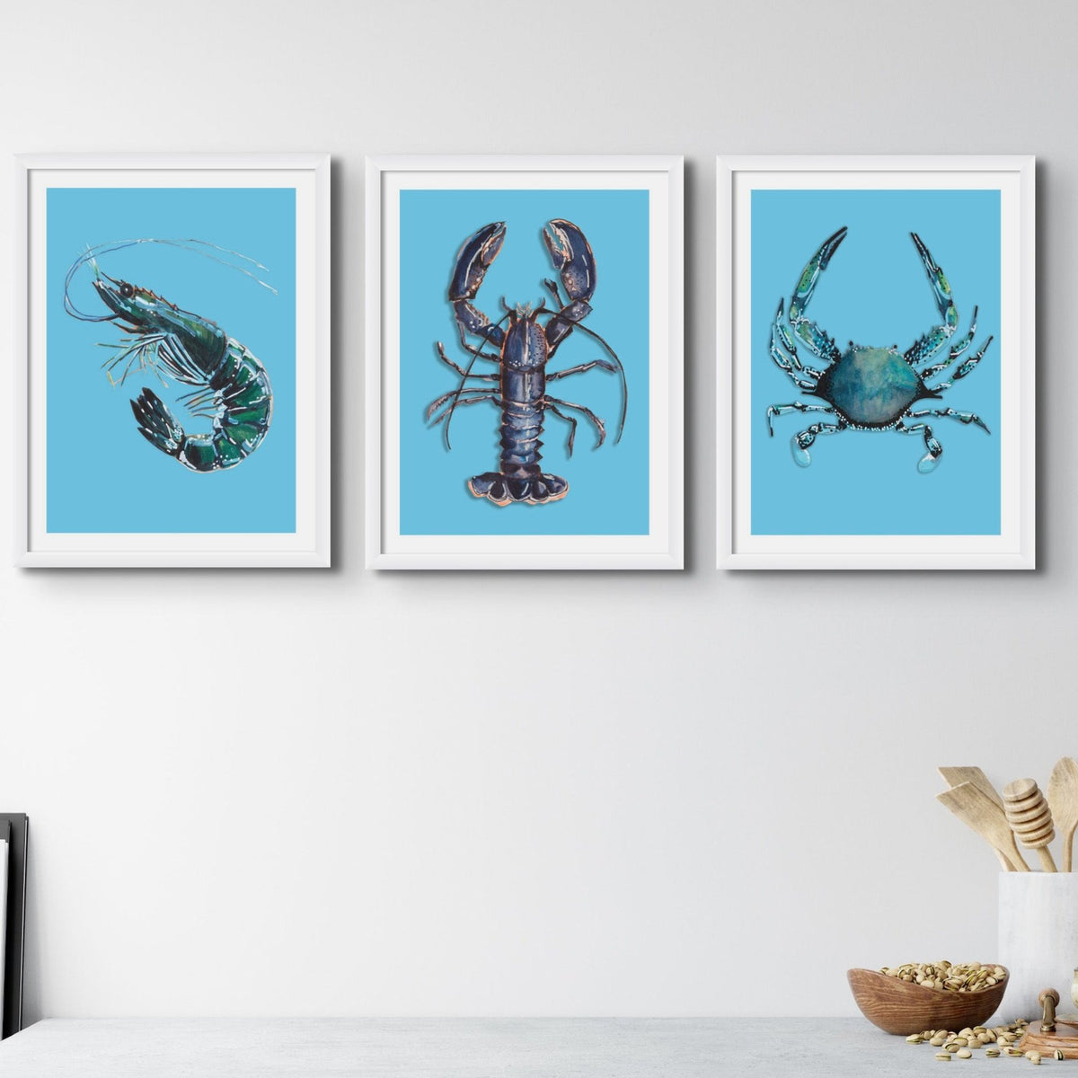 Lobster Art Print | Colourful Kitchen Wall Art | Lobster Painting on Blue - Unframed