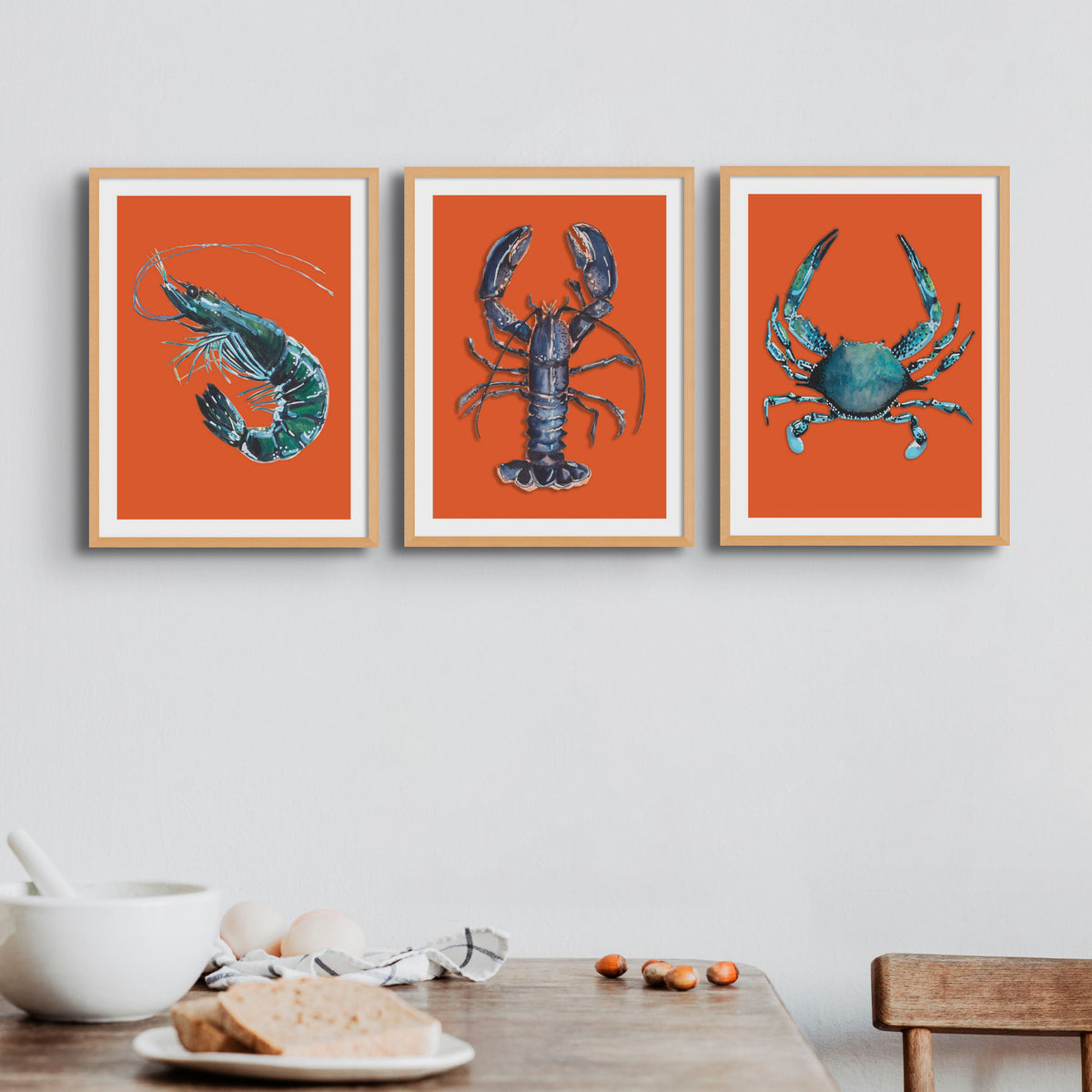 Prawn Print | Shellfish Kitchen Wall Art | Prawn Painting on Orange Background - Framed