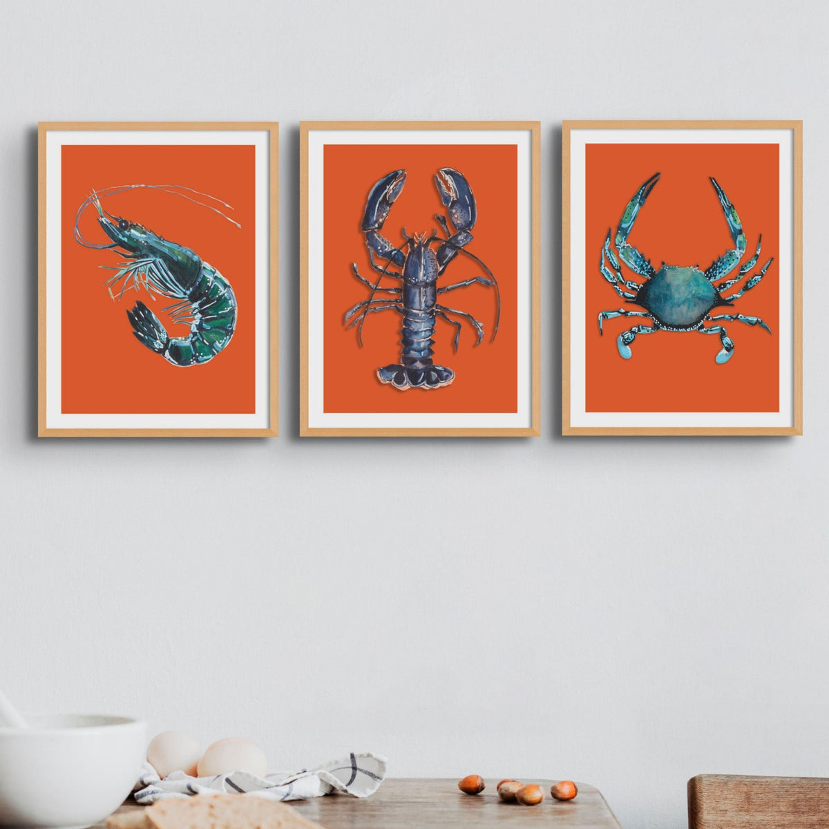 Prawn Print | Shellfish Kitchen Wall Art | Prawn Painting on Orange Background - Unframed