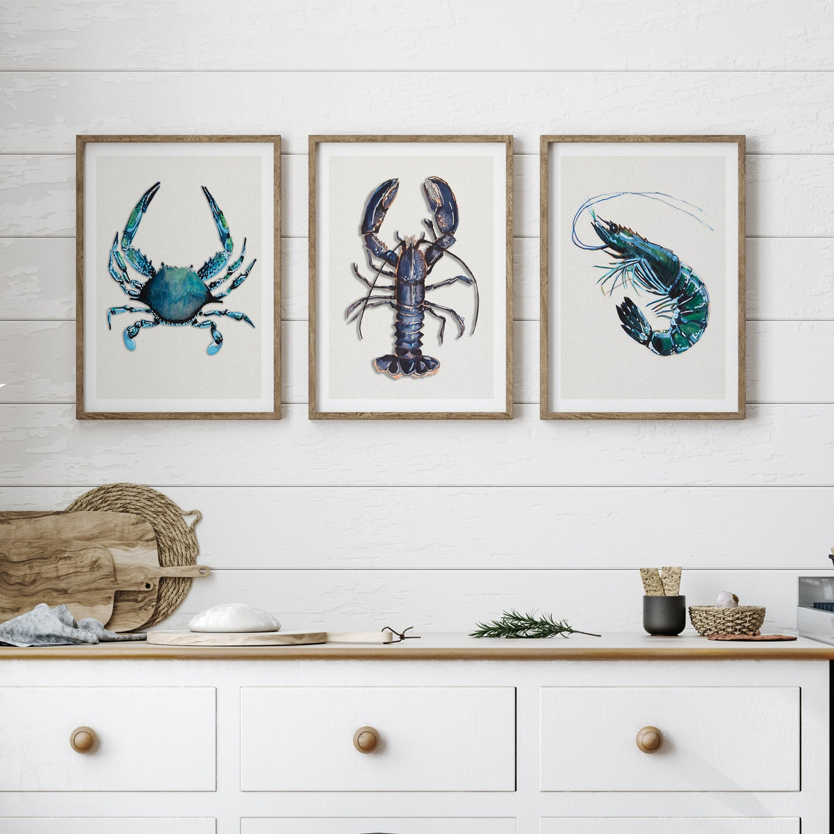 set of three shellfish paintings in white kitchen - kitchen art prints lobster painting