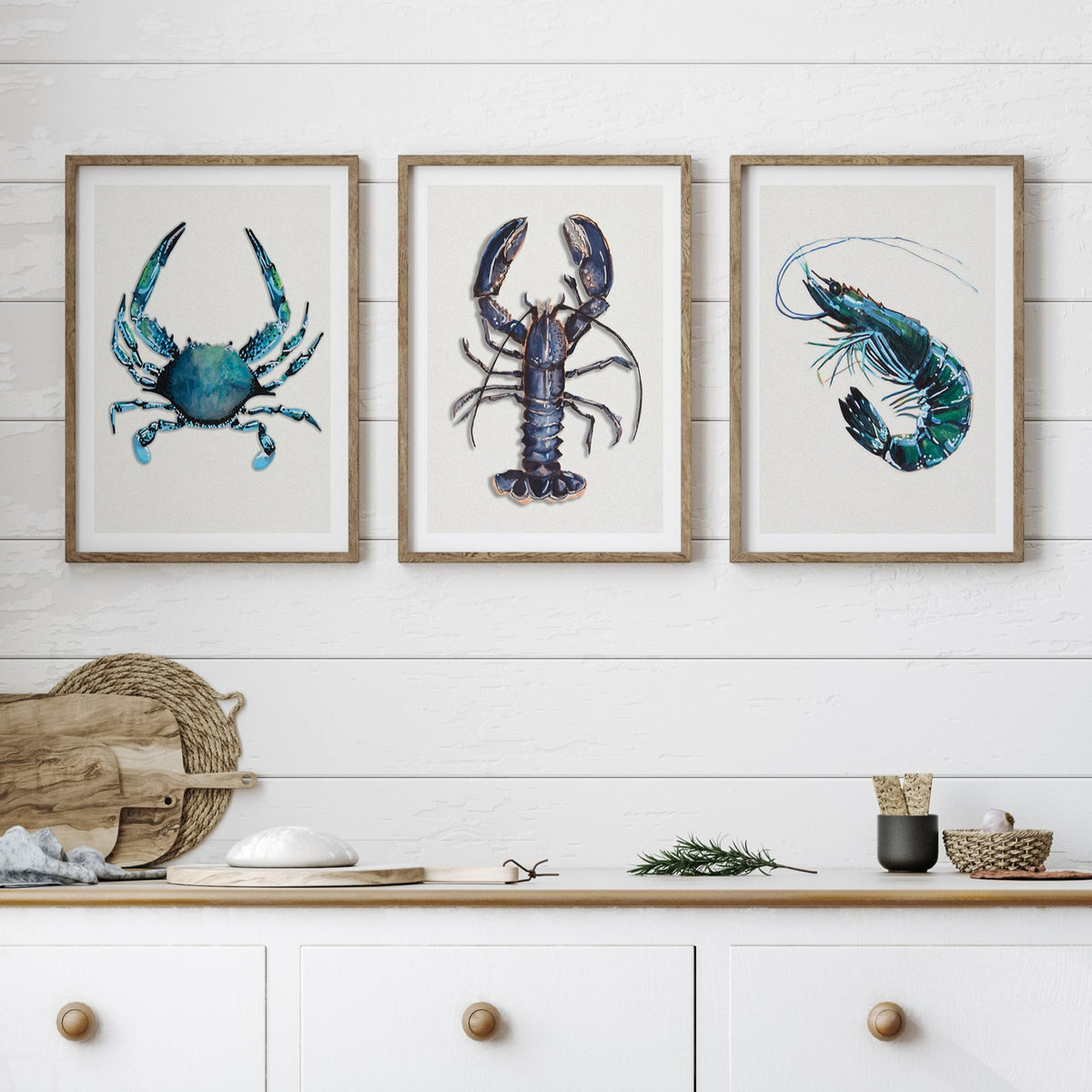 Set of Shellfish Art Prints - Kitchen Art Prints - Framed Beach House Art - Blue Abstract Art prints