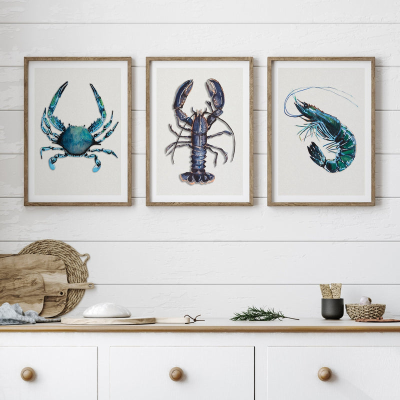 Set of Shellfish Art Prints - Kitchen Art Prints - Framed Beach House Art - Blue Abstract Art prints