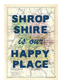 Happy Place Map Print With Blue Font - Personalised