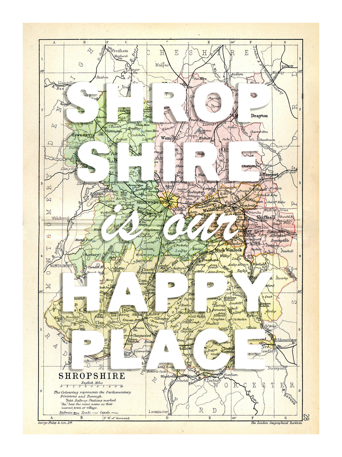 Happy Place Map With White Font - Personalised