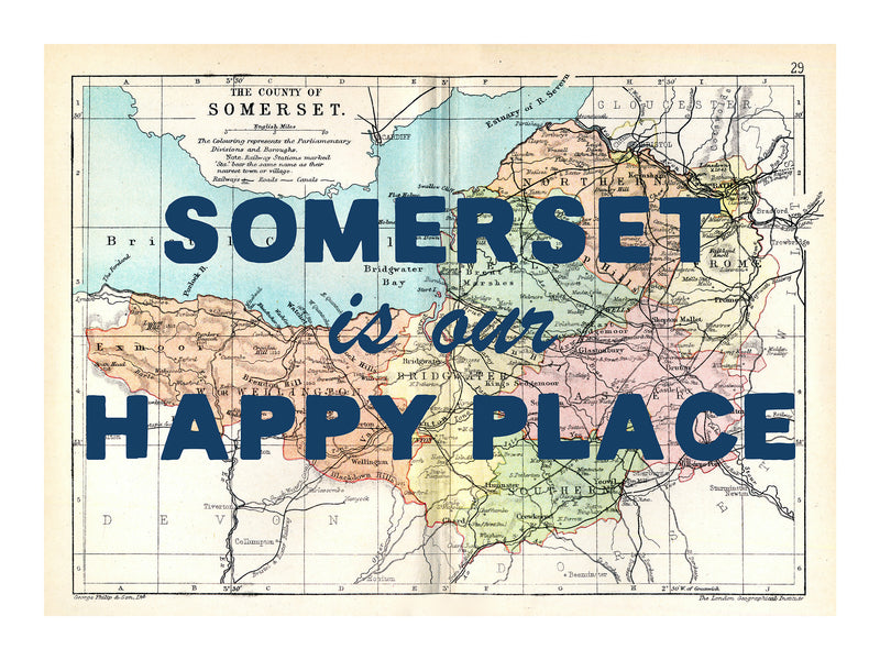 Happy Place Map Print With Blue Font - Personalised