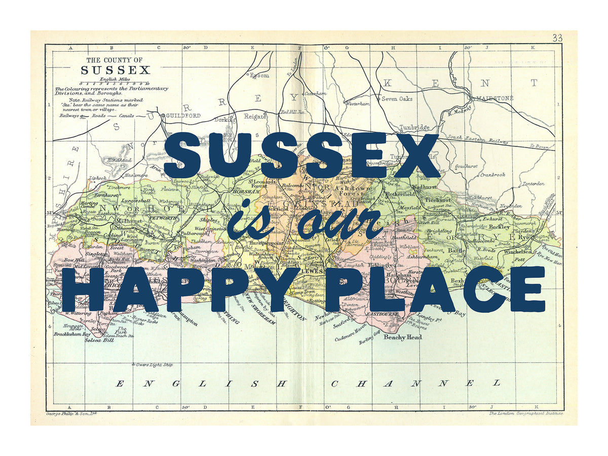 Happy Place Map Print With Blue Font - Personalised