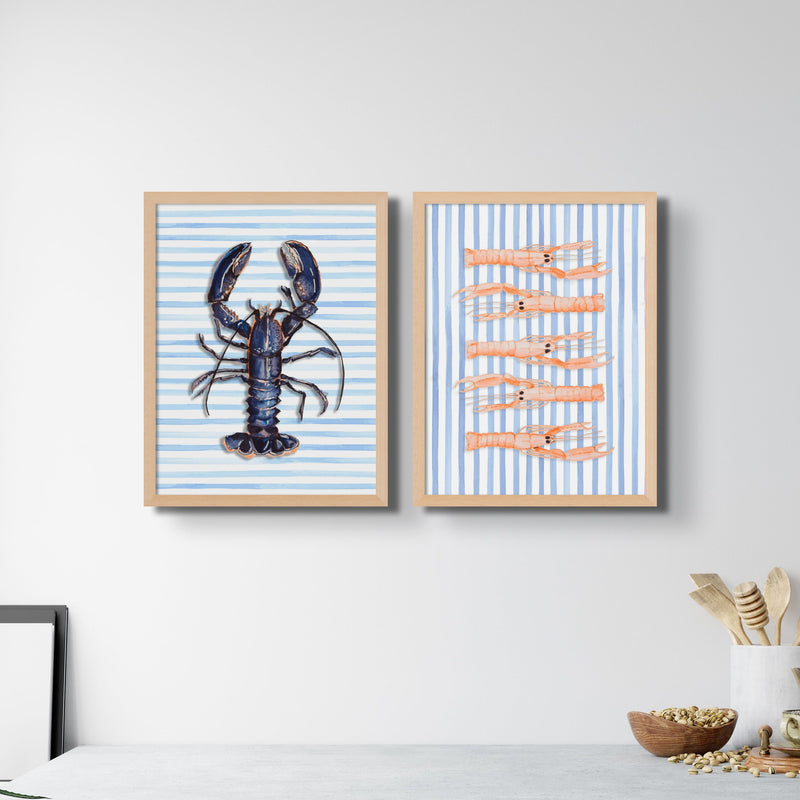 Langoustine Painting Striped Background | Kitchen Wall Art Print - Framed