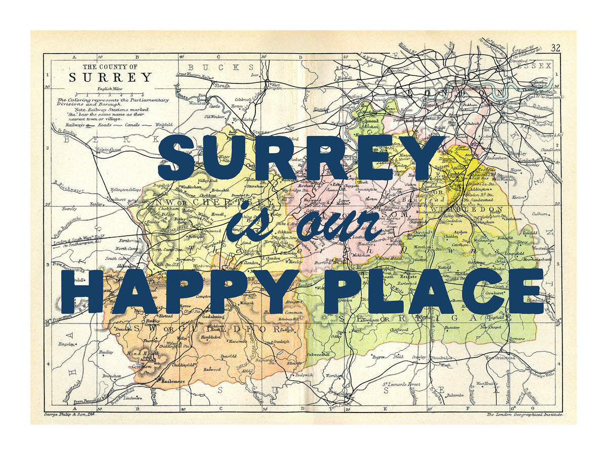 Happy Place Map Print With Blue Font - Personalised