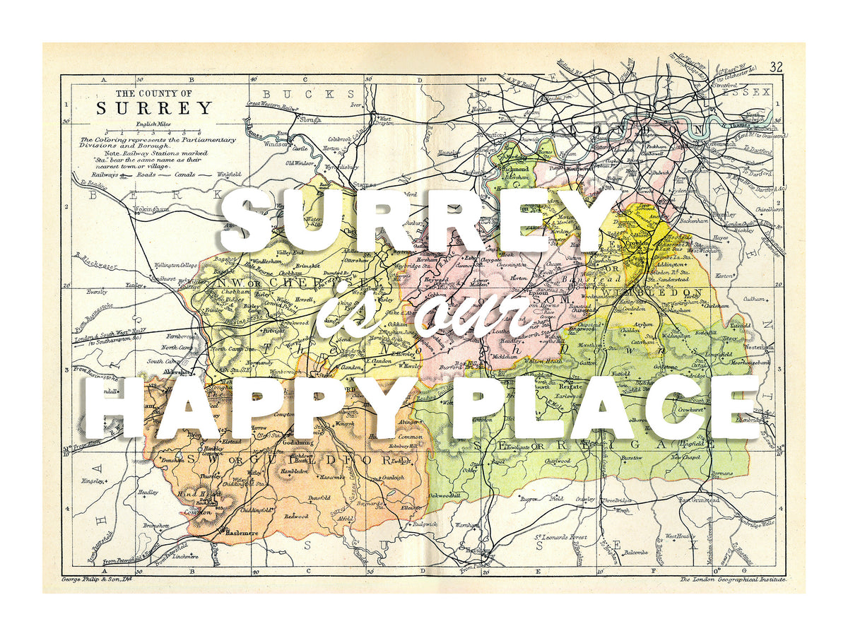 Happy Place Map With White Font - Personalised