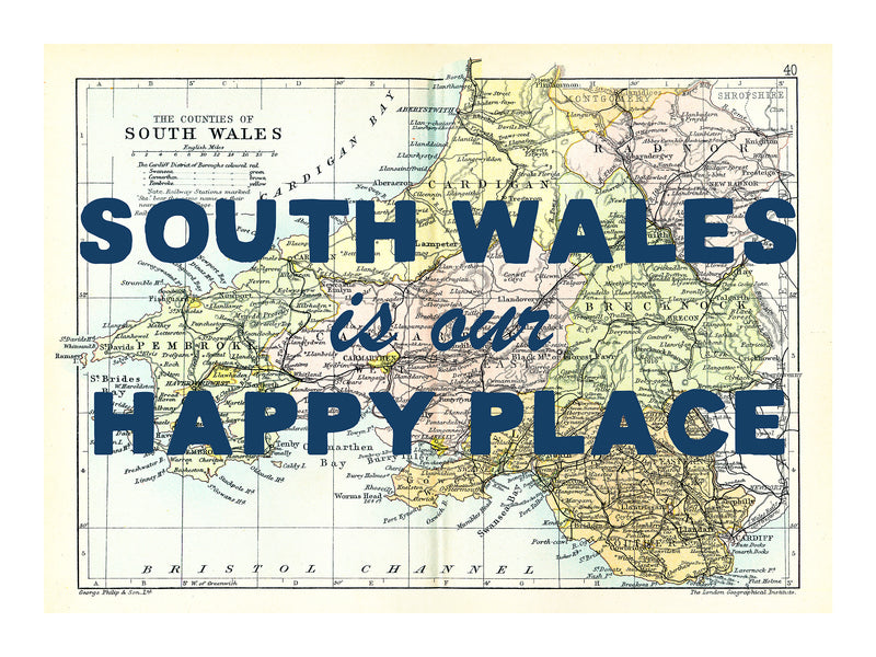 Happy Place Map Print With Blue Font - Personalised