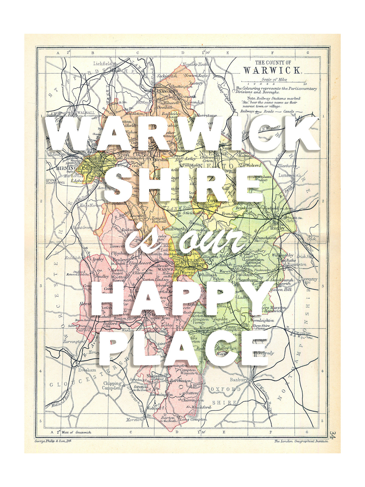 Happy Place Map With White Font - Personalised