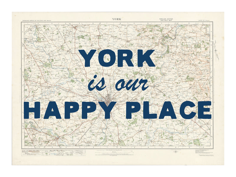 Happy Place Map Print With Blue Font - Personalised