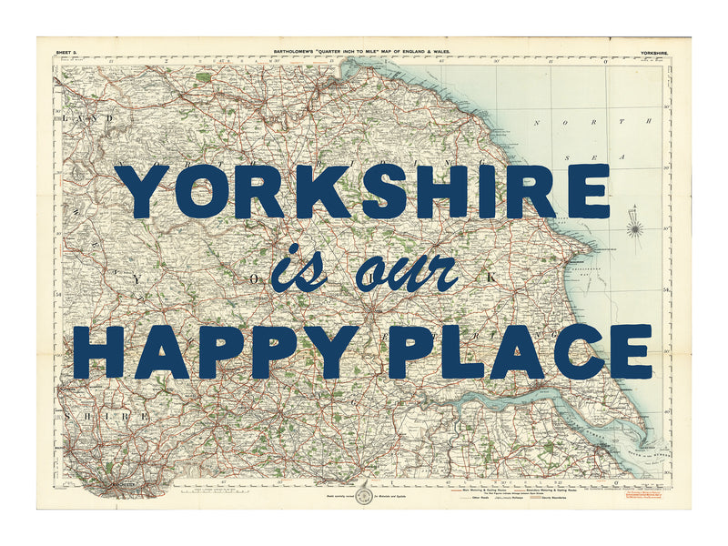 Happy Place Map Print With Blue Font - Personalised