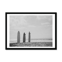 Three Surfboards in the sand overlooking the sea photo | Black & White Photography Print - Framed Wall Art