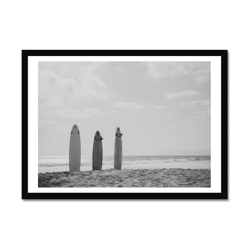 Three Surfboards in the sand overlooking the sea photo | Black & White Photography Print - Framed Wall Art