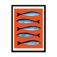 Mackerel Print | Kitchen Painting | Mackerel Fish Painting on Orange Background - Framed