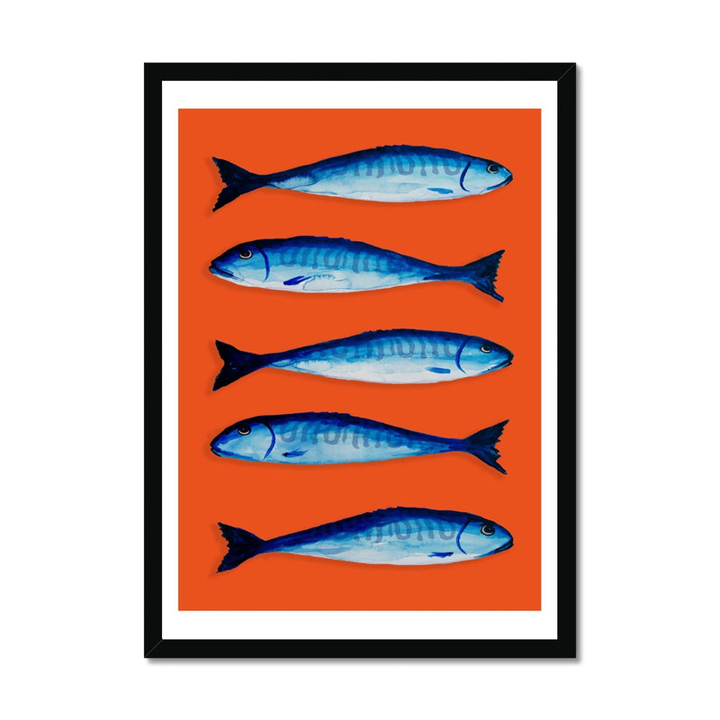 Mackerel Print | Kitchen Painting | Mackerel Fish Painting on Orange Background - Framed