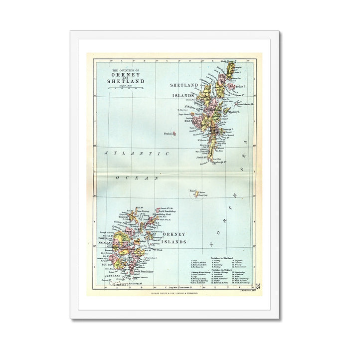 Orkney and Shetland Islands Map Print - Framed