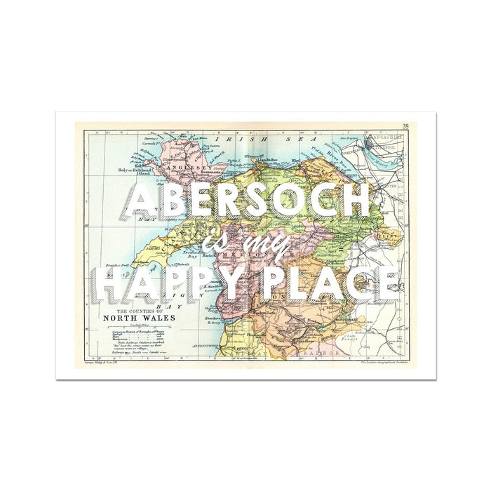 Abersoch is my Happy Place (White) Vintage North Wales Map Print - Unframed