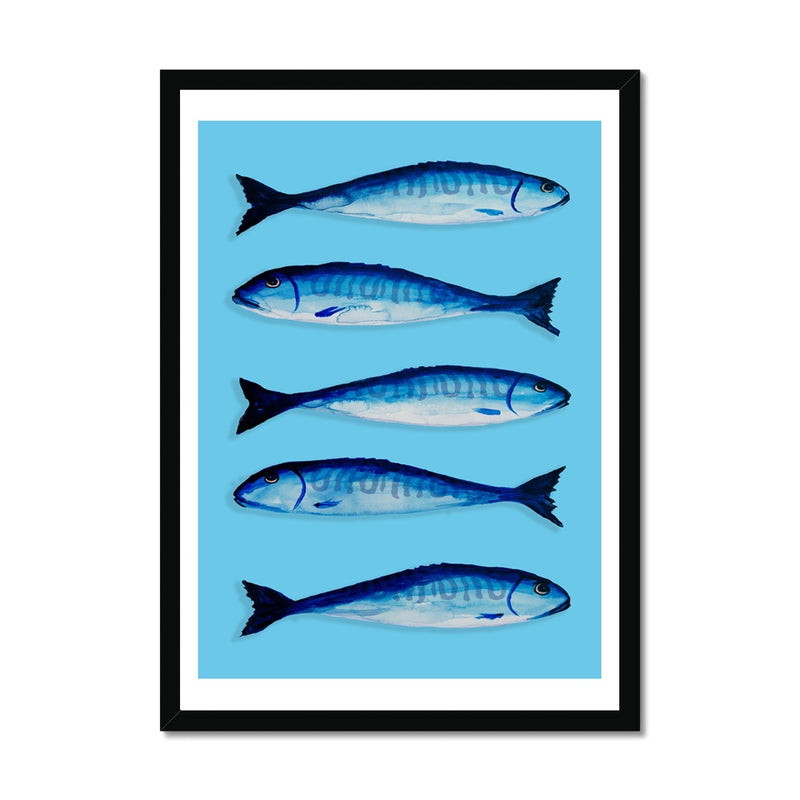 Mackerel Painting | Kitchen Fish Art Print | Mackerel Fish Print on Green Background - Framed