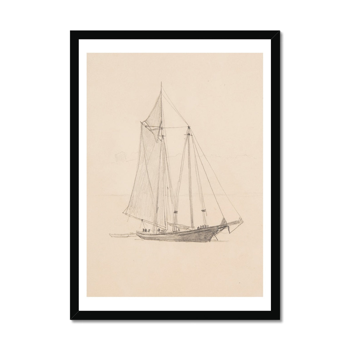 Schooner with Dinghy Drawing | Vintage Pencil Boat Wall Art Print - Framed Wall Art