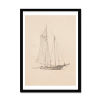 Schooner with Dinghy Drawing | Vintage Pencil Boat Wall Art Print - Framed Wall Art