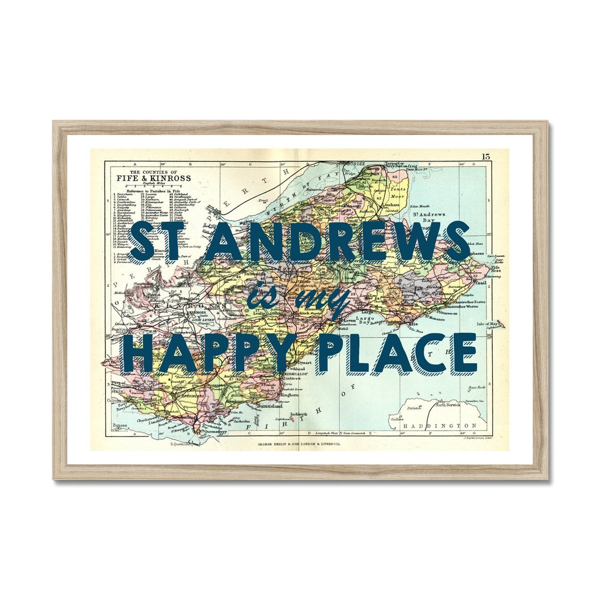 St Andrews is my Happy Place Quote on Vintage St Andrews Map Print - Framed