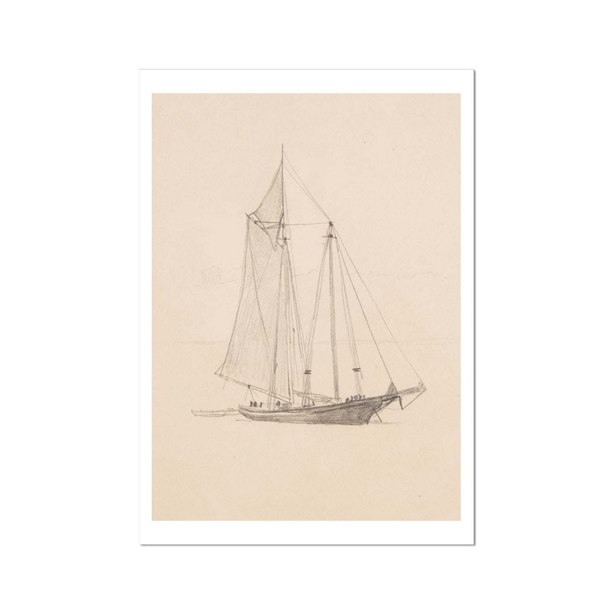 Schooner with Dinghy Drawing | Vintage Pencil Boat Wall Art Print - Unframed Wall Art