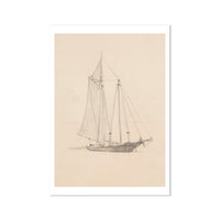 Schooner with Dinghy Drawing | Vintage Pencil Boat Wall Art Print - Unframed Wall Art