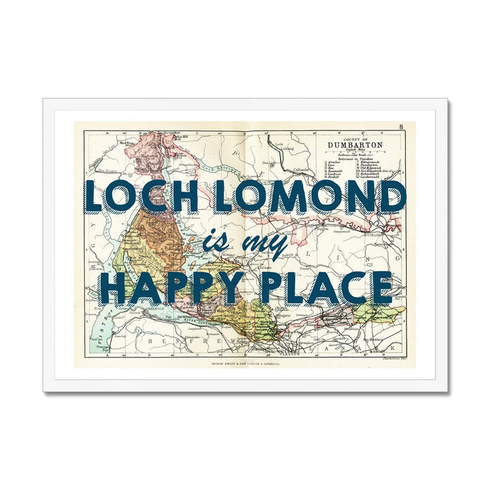 Loch Lomond  is my Happy Place Quote on Vintage Loch Lomond Map Print | Navy - Framed