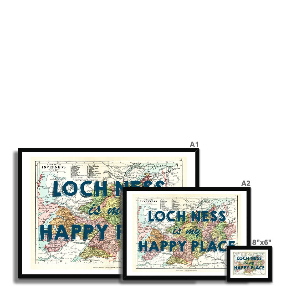 Loch Ness Map Print - My Happy Place Navy Framed Print