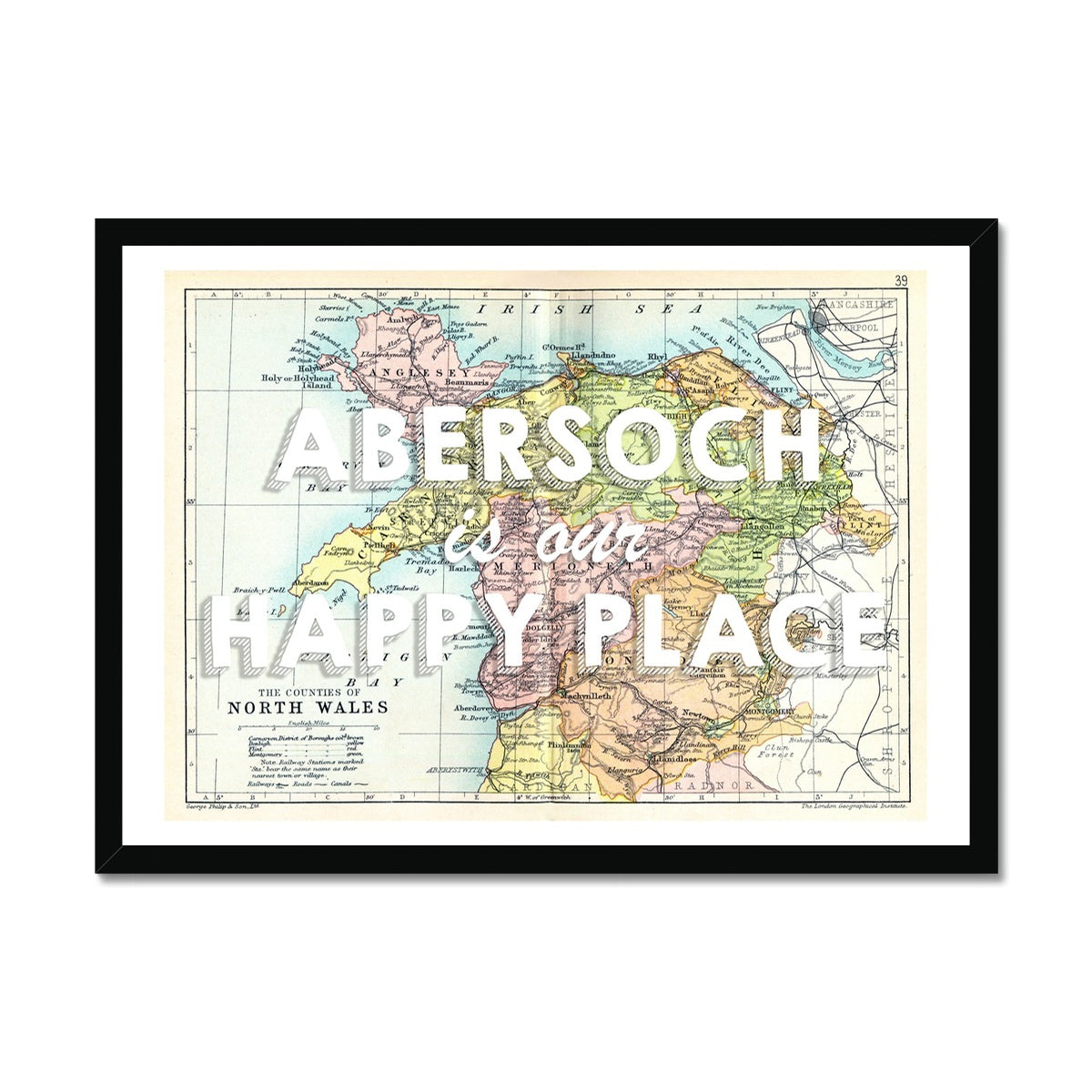 Abersoch is our Happy Place (White) Vintage North Wales Map Wall Art - Framed