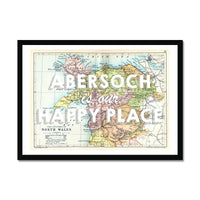 Abersoch is our Happy Place (White) Vintage North Wales Map Wall Art - Framed