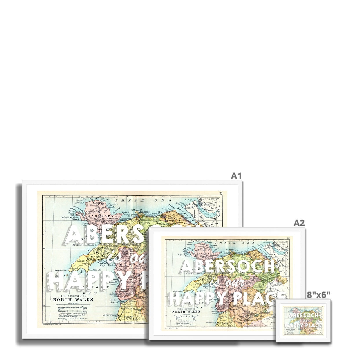 Abersoch is our Happy Place (White) Vintage North Wales Map Wall Art - Framed