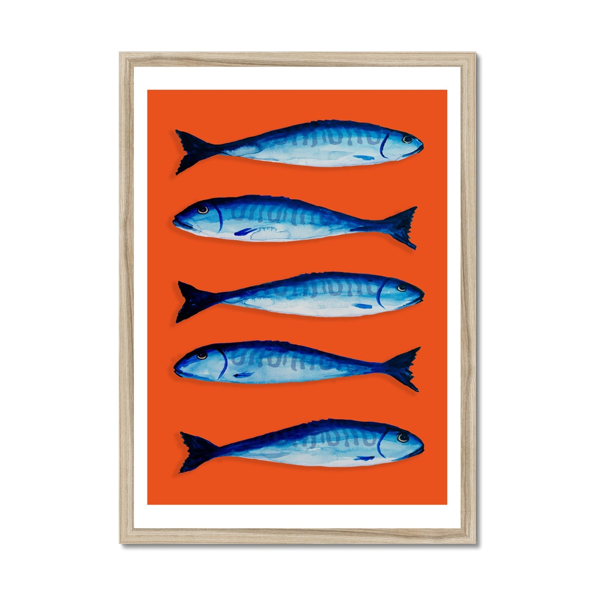 Mackerel Print | Kitchen Fish Painting | Orange Red - Framed
