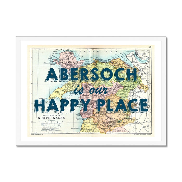 Abersoch is our Happy Place Quote on Vintage North Wales Map Print - Framed