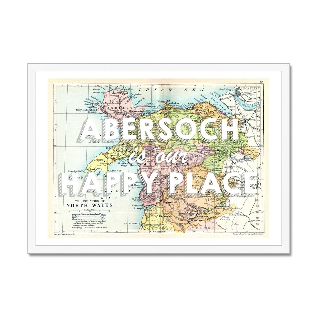 Abersoch is our Happy Place (White) Vintage North Wales Map Wall Art - Framed